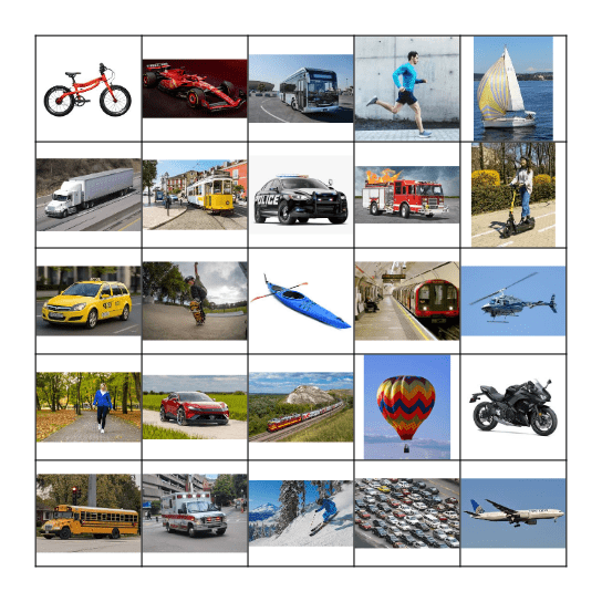 Methods of Transport Bingo Card