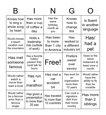 Temenos Team Building Bingo Card