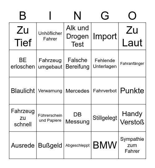Speed Cops Bingo Card