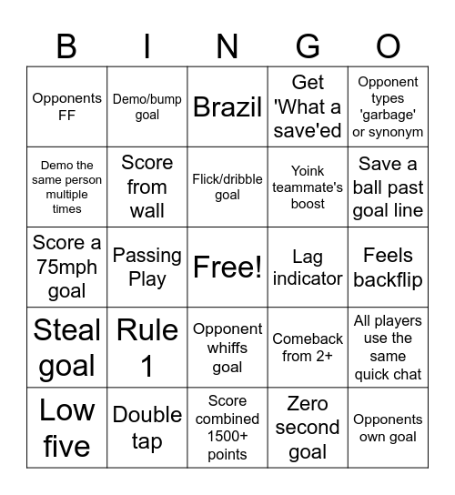 Rocket League Bingo Card