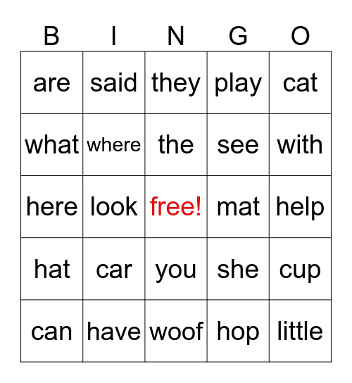 Sight Words Bingo Card