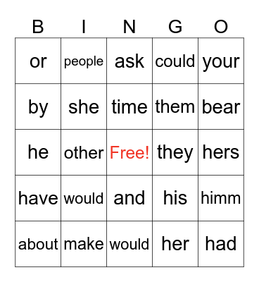 Sight Words Bingo Card