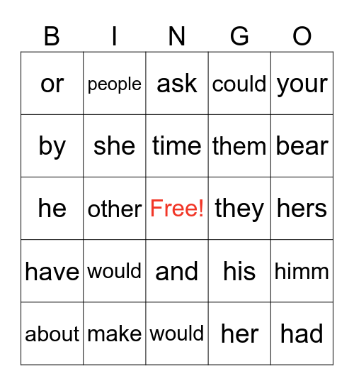 Sight Words Bingo Card