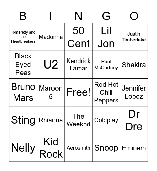 Superbowl Halftime Performers Bingo Card