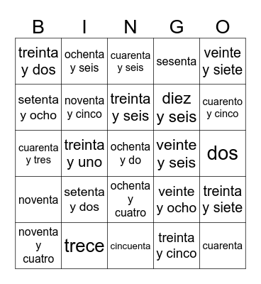 Spanish Numbers 1-56 Bingo Card