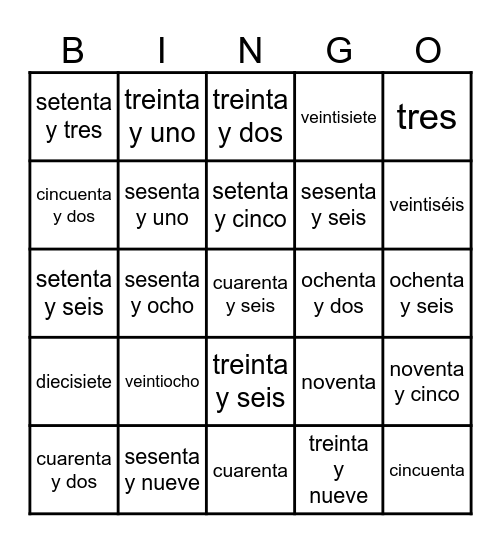 Bingo de palabras de los Numeros 1 al 100 Bingo Card