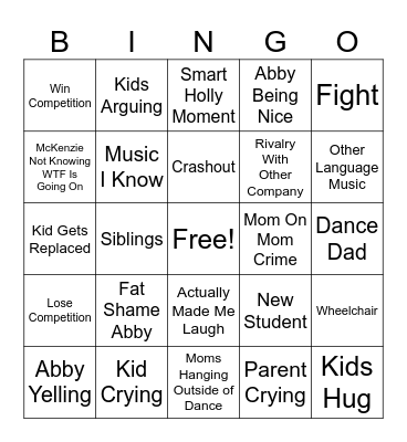 Dance Moms Bingo Card