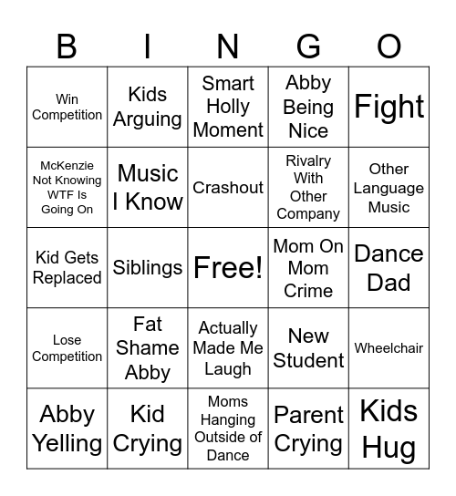 Dance Moms Bingo Card