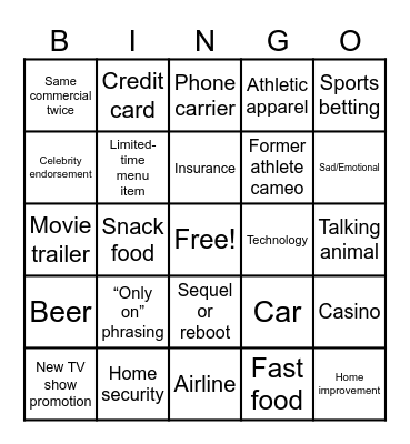 Football Commercials Bingo Card