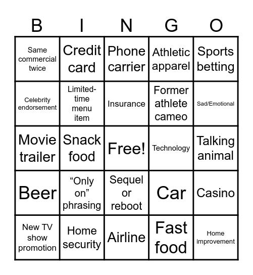Football Commercials Bingo Card
