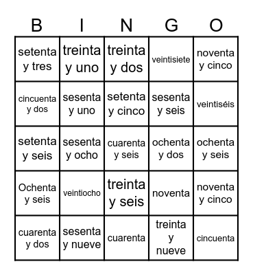 Bingo de palabras de los Numeros 20 al 99 Bingo Card