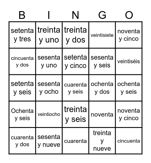 Bingo de palabras de los Numeros 20 al 99 Bingo Card