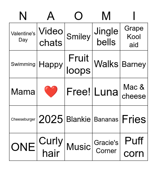 All About Naomi Bingo Card