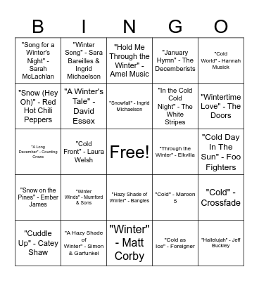 Winter, Cold, Snow Bingo Card
