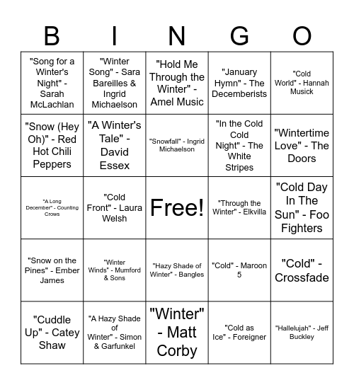 Winter, Cold, Snow Bingo Card