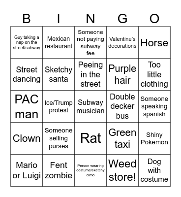 NYC or bust Bingo Card