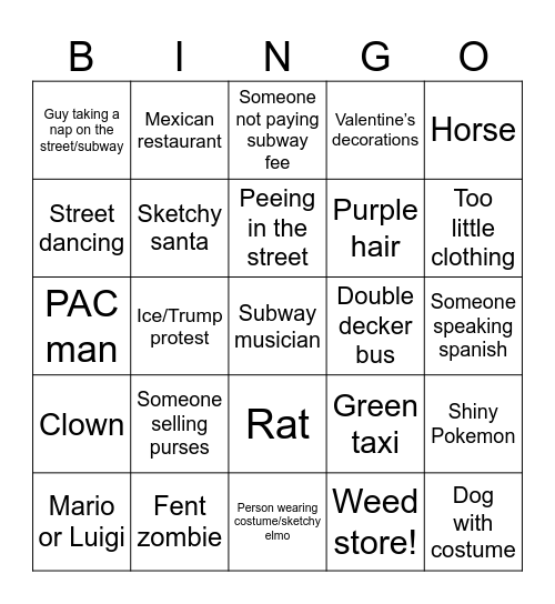 NYC or bust Bingo Card