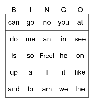 Sight Words Bingo Card