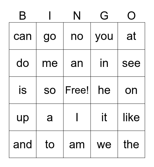 Sight Words Bingo Card