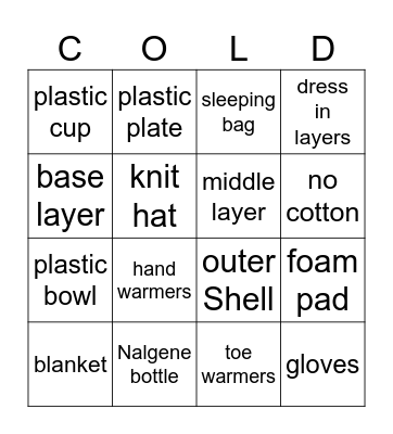 COLD Weather Bingo Card