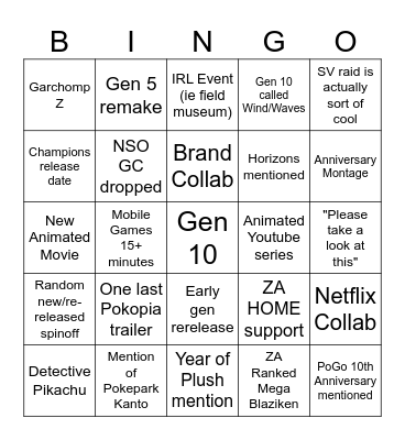 Pokemon Presents 2026 Bingo Card