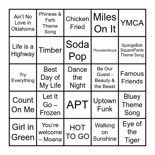 Music Bingo – Game 1 Bingo Card
