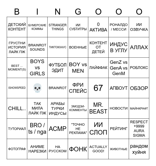 SHORTS Bingo Card