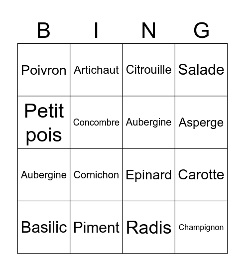 Les légumes Bingo Card