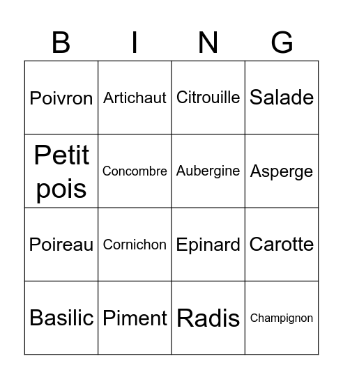 Les légumes Bingo Card