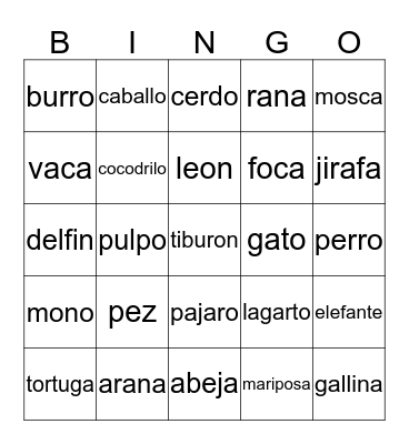 Animal Bingo Card