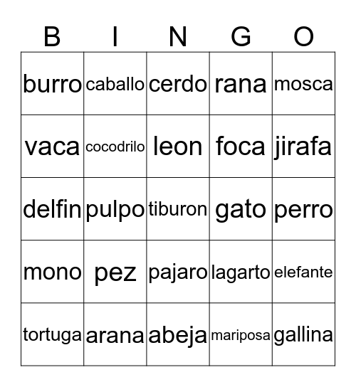 Animal Bingo Card
