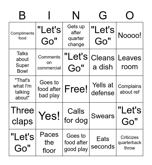 Spectator football Bingo Card