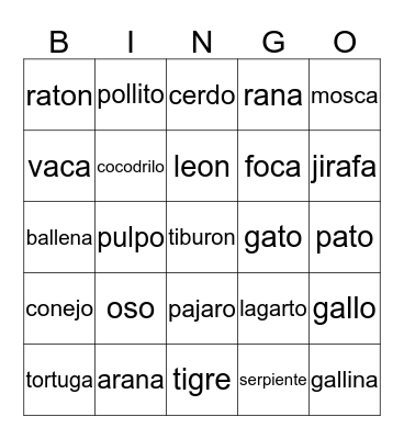 Animal Bingo Card