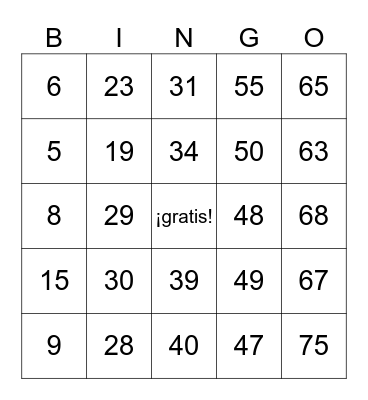 Number Bingo 1-75 Bingo Card