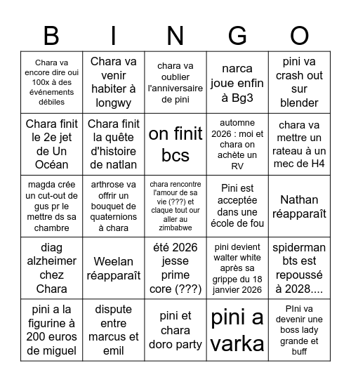 Bingo 2026 de Chara et Pini Bingo Card