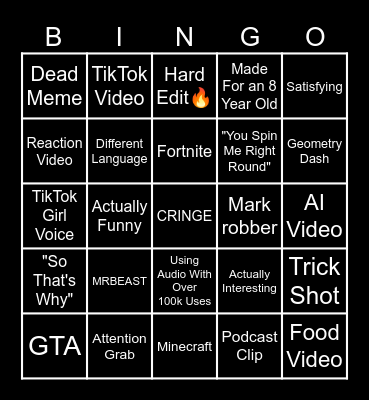 YouTube Shorts Bingo Card