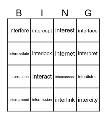 Prefix inter- Words Bingo Card