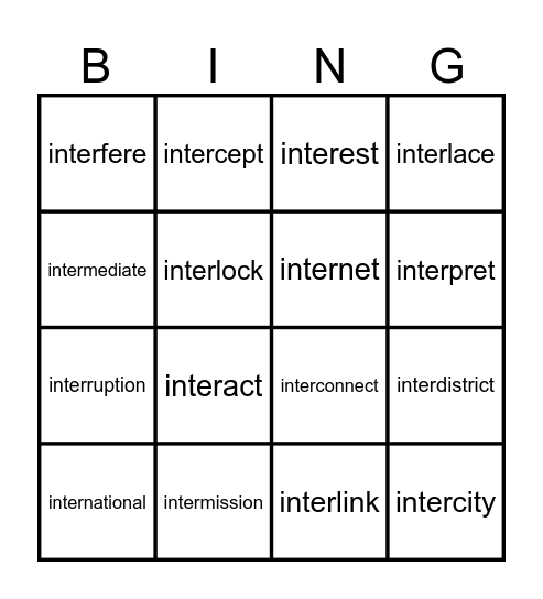 Prefix inter- Words Bingo Card
