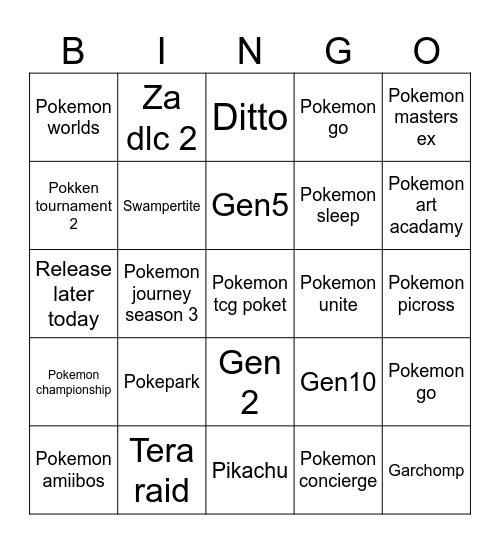 Pokemon Bingo Card