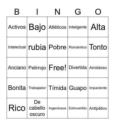 Adjetivos Descriptivos Bingo Card