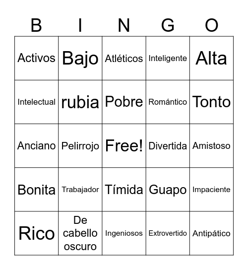 Adjetivos Descriptivos Bingo Card