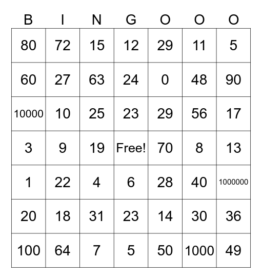 Numberblocks Bingo Card