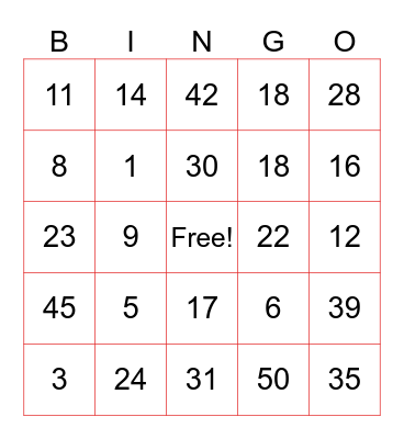 BINGO 1-50 Bingo Card
