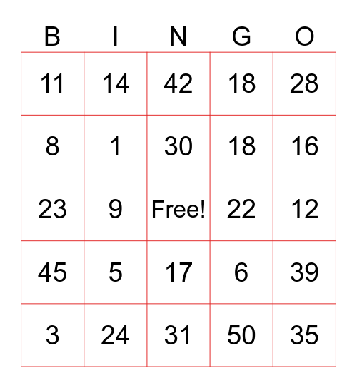 BINGO 1-50 Bingo Card