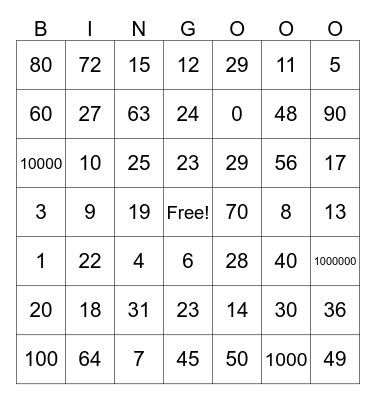Numberblocks Bingo Card