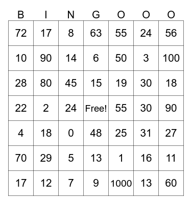 Numberblocks Bingo Card