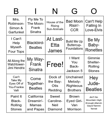 Most Streamed 60's Songs Bingo Card
