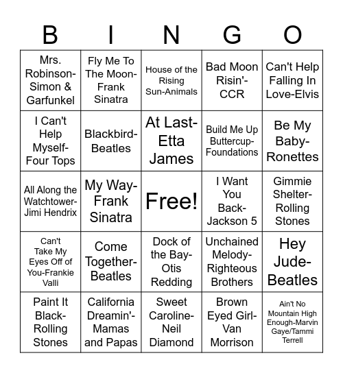 Most Streamed 60's Songs Bingo Card
