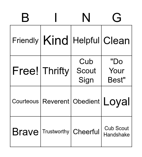 The Scout Law Bingo Card