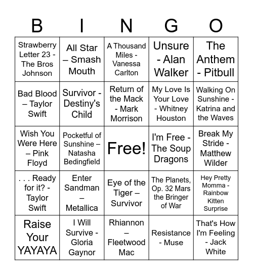 BASA Staff Walk-Out Songs Bingo Card